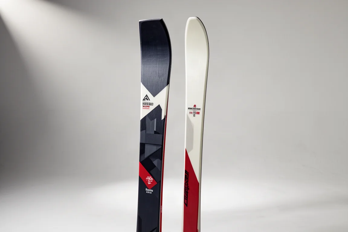 Two pairs of alpine carving skis standing upright on a pale grey studio backdrop