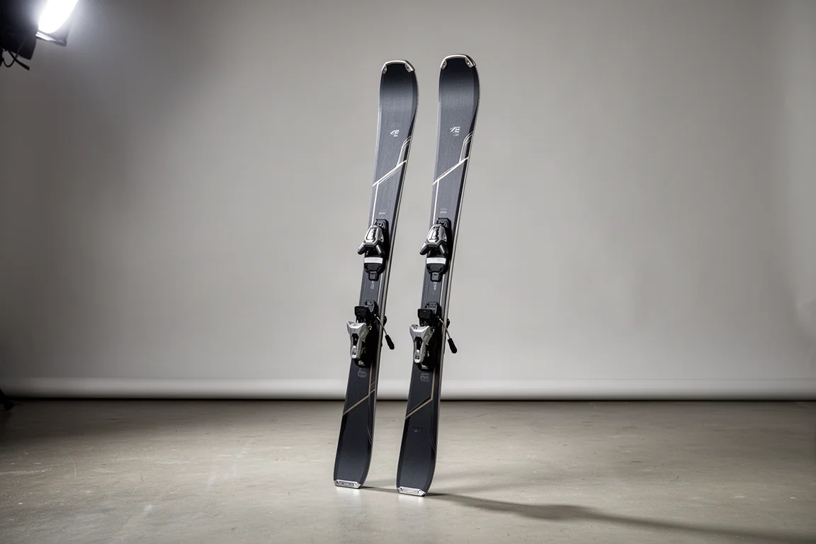 Pair of alpine frontside skis standing upright on a concrete floor against a grey backdrop