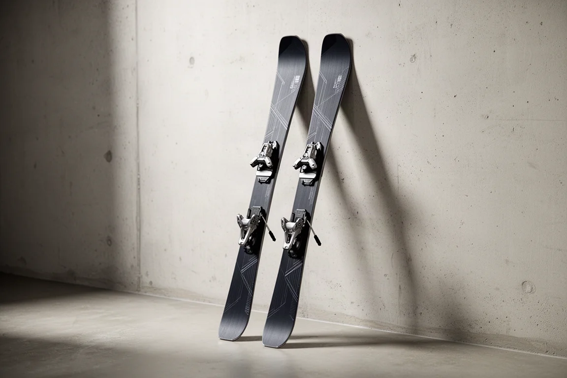 Angular frontside carving skis with system bindings leaning against a pale concrete wall