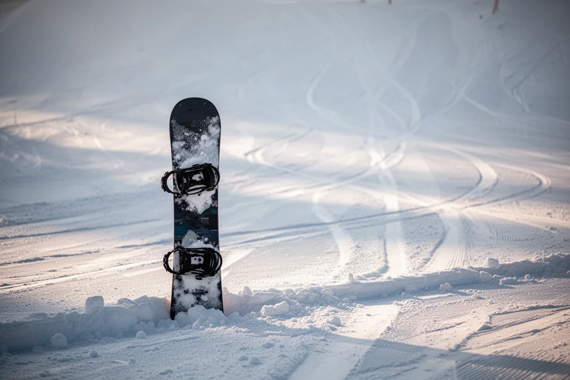 Snowboard standing upright in packed snow at the edge of a groomed resort run in early morning light