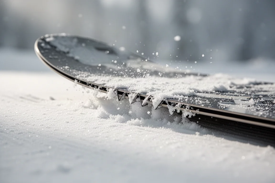 Close-up of a snowboard edge with serrated contact points pressed into firm groomed snow