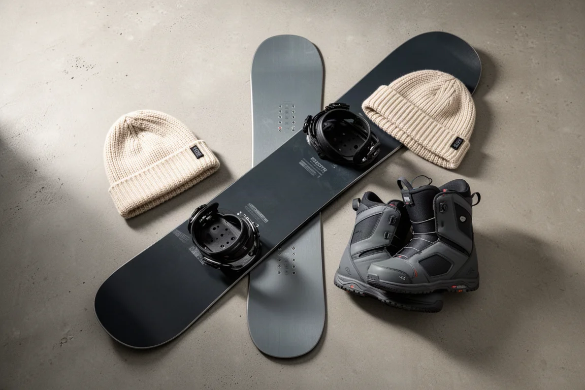 Overhead flat-lay of a snowboard with a beanie and snowboard boots on a concrete surface