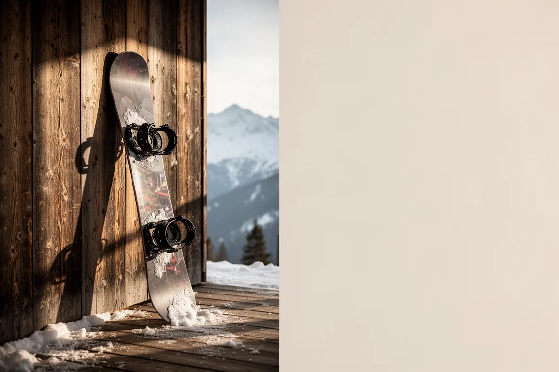 Snowboard leaning against a weathered wooden wall at a mountain resort in late afternoon light