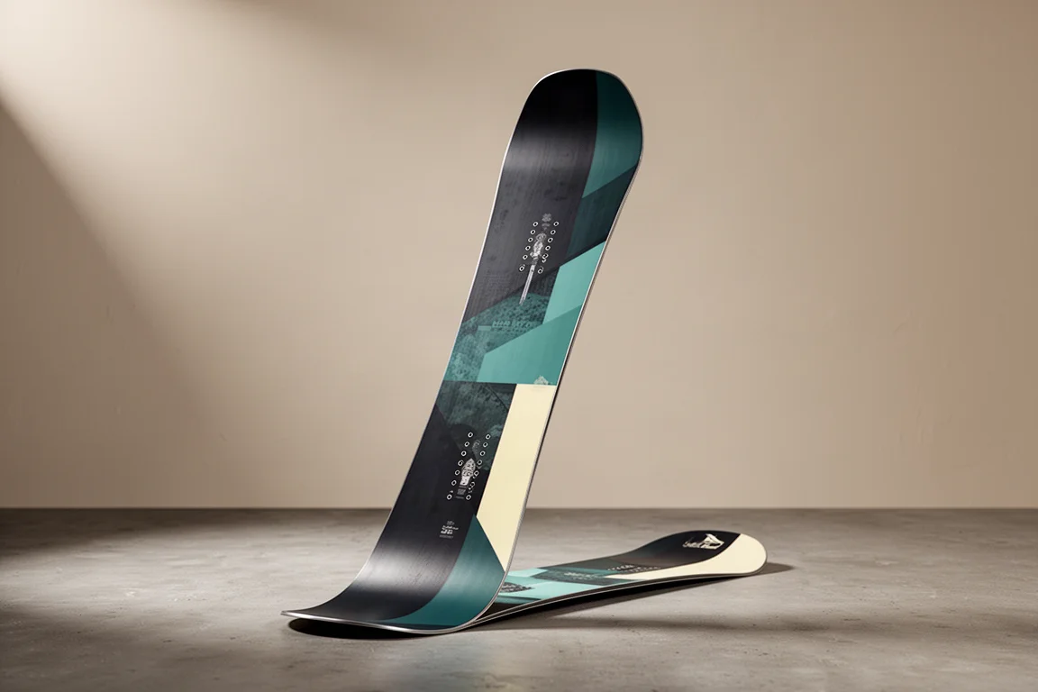 Women's all-mountain freestyle snowboard standing upright on a concrete floor
