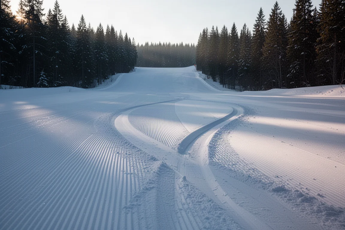 Freshly groomed piste at first light with corduroy lines and carve tracks