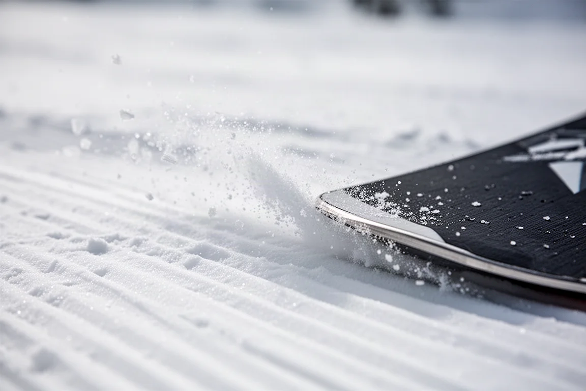 Close-up of a ski edge biting into firm groomed snow with ice spray