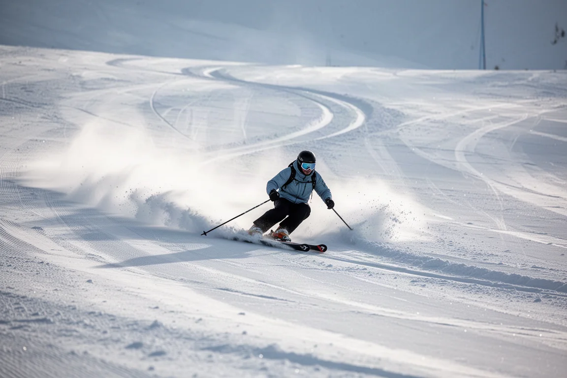 Skier mid-way through a long carved turn on a wide groomed slope