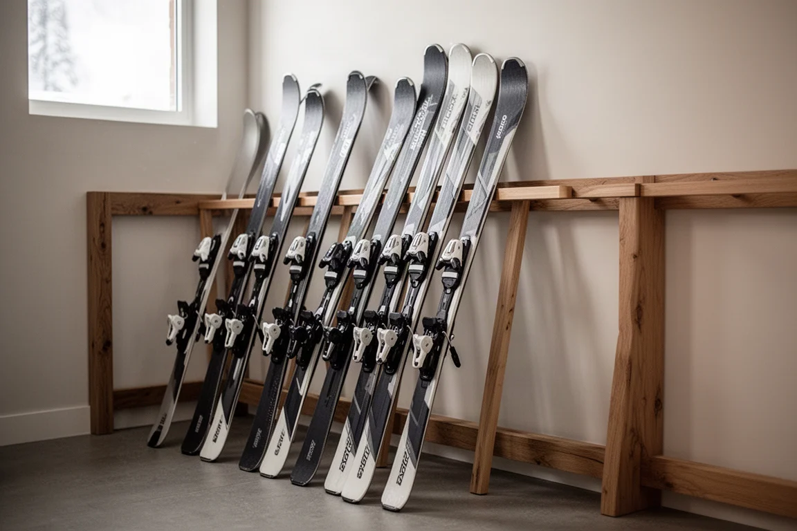 Row of alpine skis leaning on a wooden rack in a quiet ski room