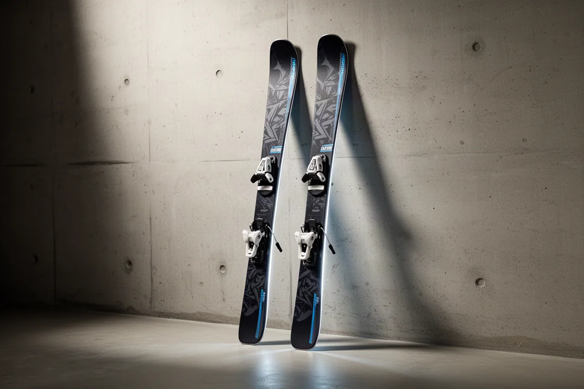 Pair of race-bred carving skis with mounted bindings against a concrete wall