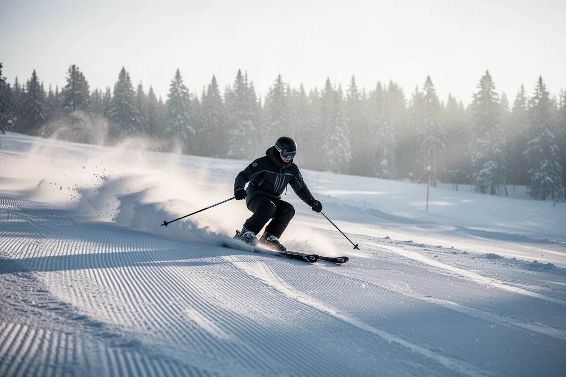 Esquiador alpino trazando giros largos sobre nieve pisada firme