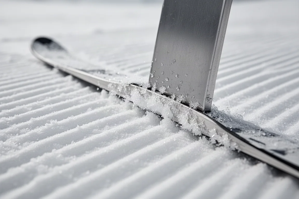 Primer plano de la espátula de un esquí flexionándose sobre nieve compactada