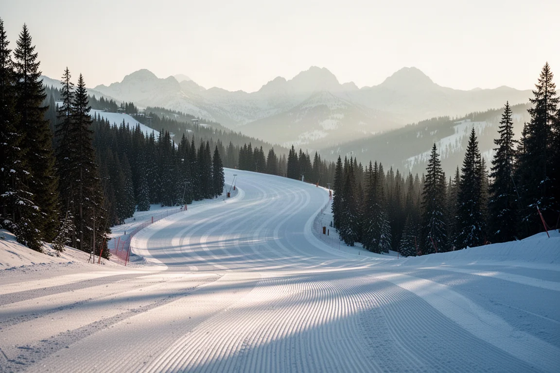 Freshly groomed ski run curving downhill in early morning light