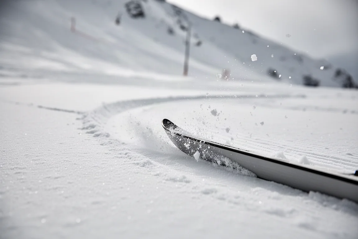 Close-up of a ski edge carving an arc into firm groomed snow