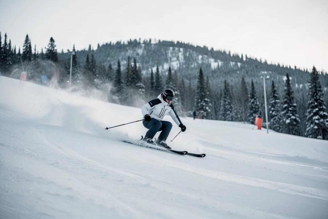 Skier arcing medium-radius turns down a wide groomed slope