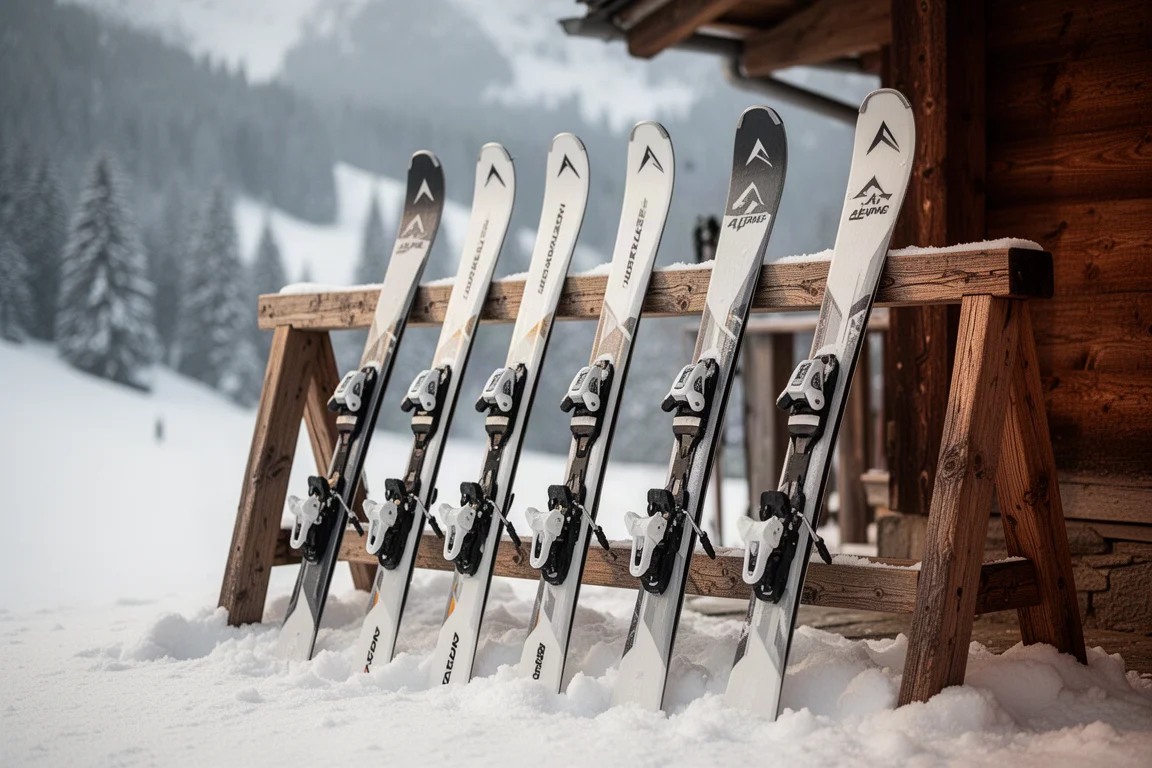 Row of alpine carving skis leaning on a wooden rack outside a mountain lodge