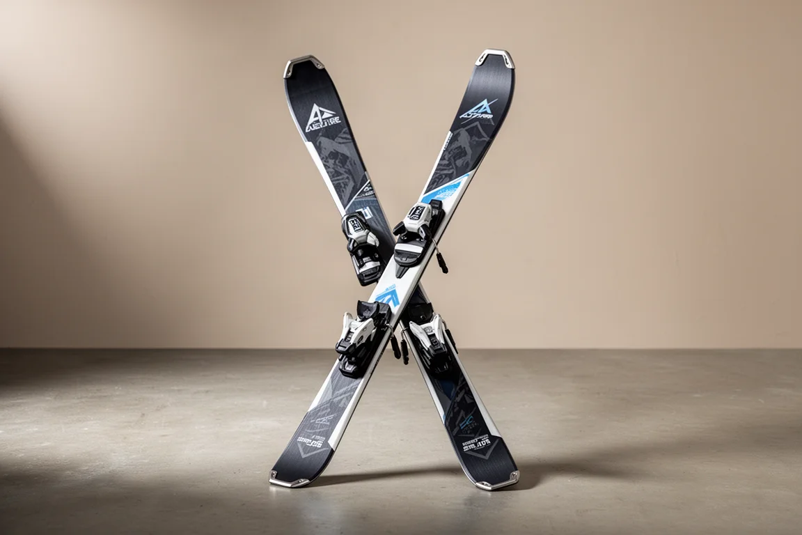 Pair of alpine carving skis standing on a matte concrete surface in soft studio light