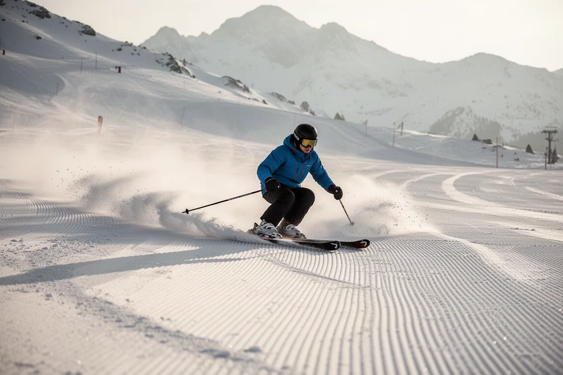Skifahrer zieht in Morgenlicht mittlere Radien auf fest präparierter Piste