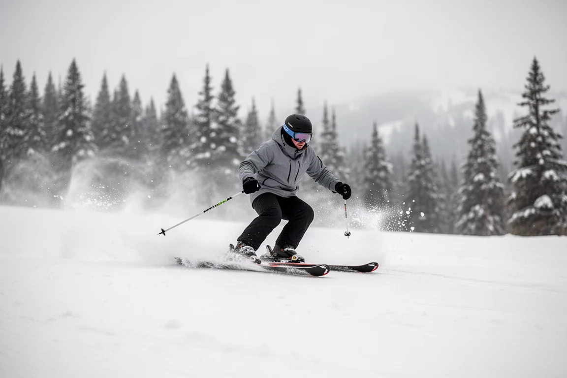 Skifahrer leitet einen geschnittenen Schwung in einen kurzen gerutschten Übergang auf der Piste über
