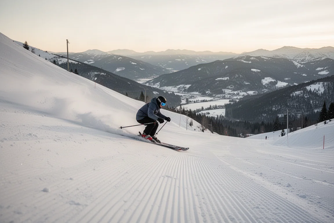 Skifahrer hält einen schnellen, stabilen Carving-Bogen auf festem Schnee bei hohem Tempo