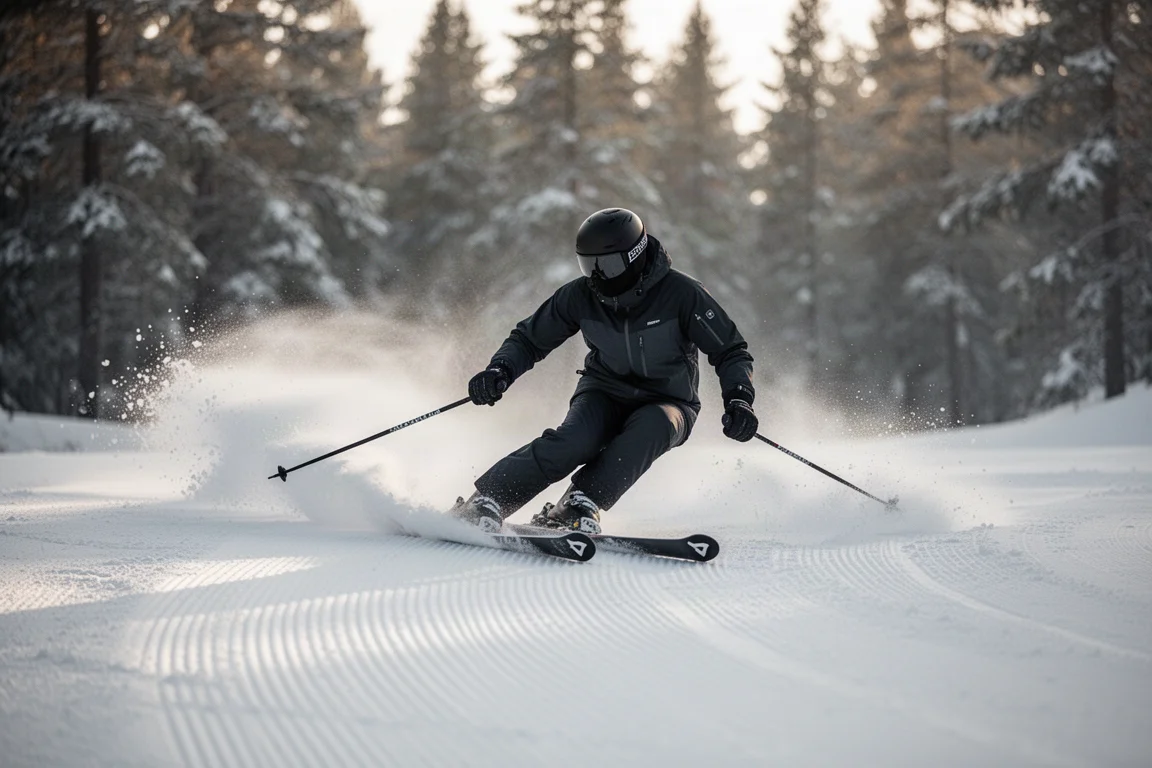 Skier carving a tight turn on fresh groomed corduroy in early morning light