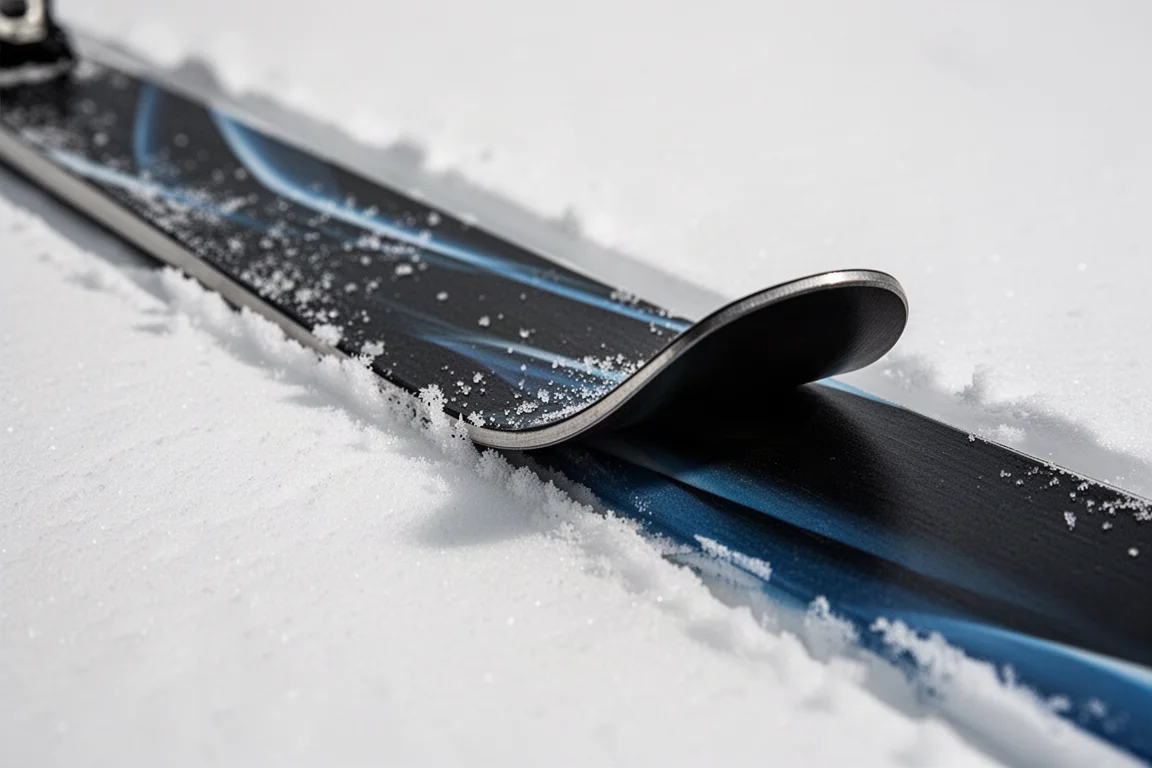 Close-up of a ski edge cutting a clean line through groomed snow