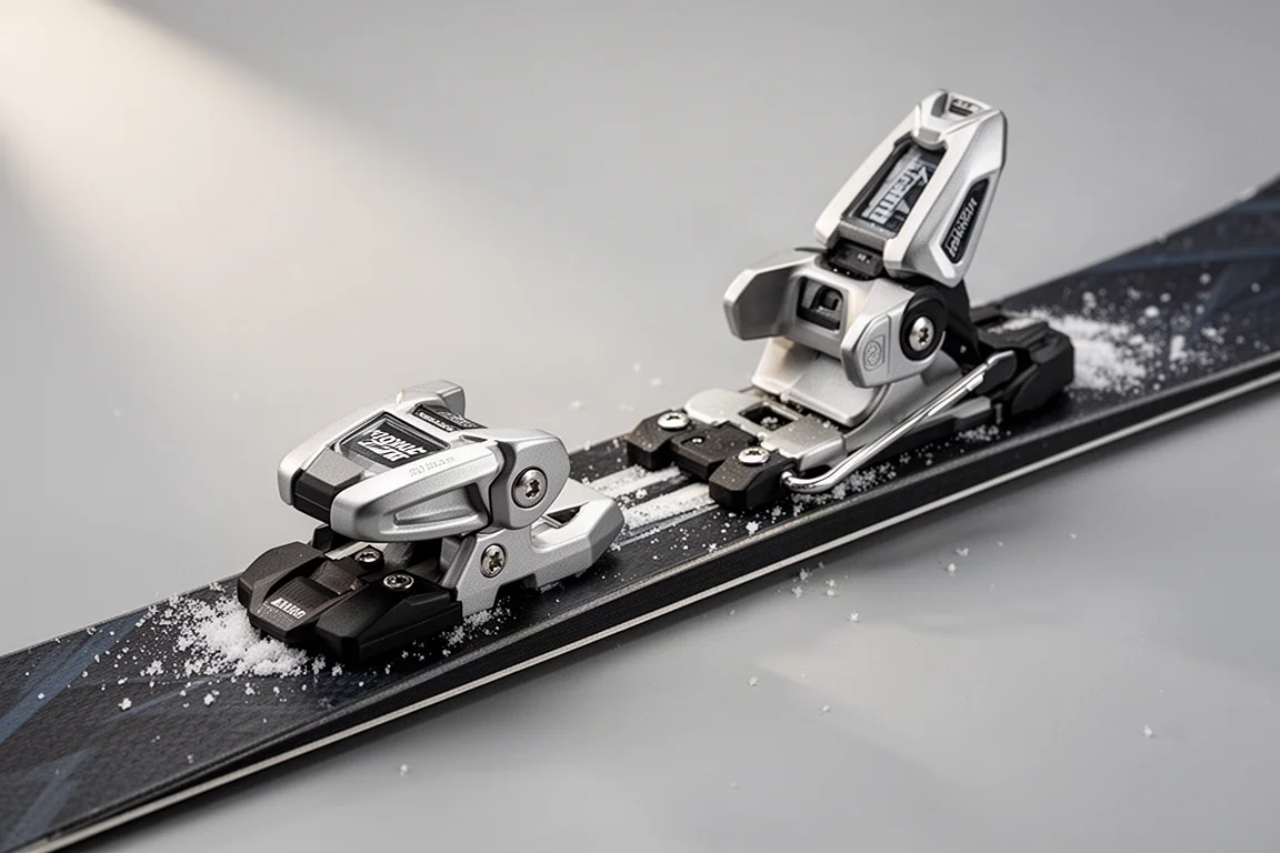 Close-up of a metal alpine ski binding mounted mid-ski on a dark topsheet