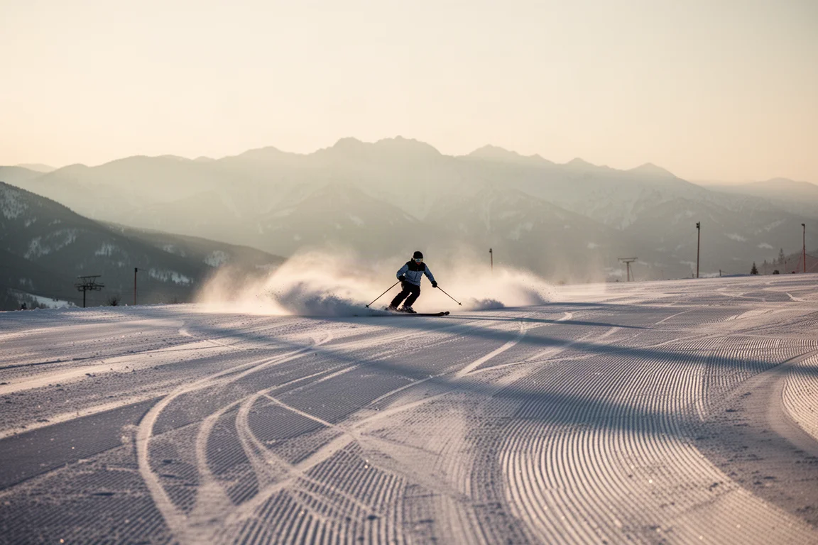 Skier linking long carved turns on an empty groomed run at sunrise