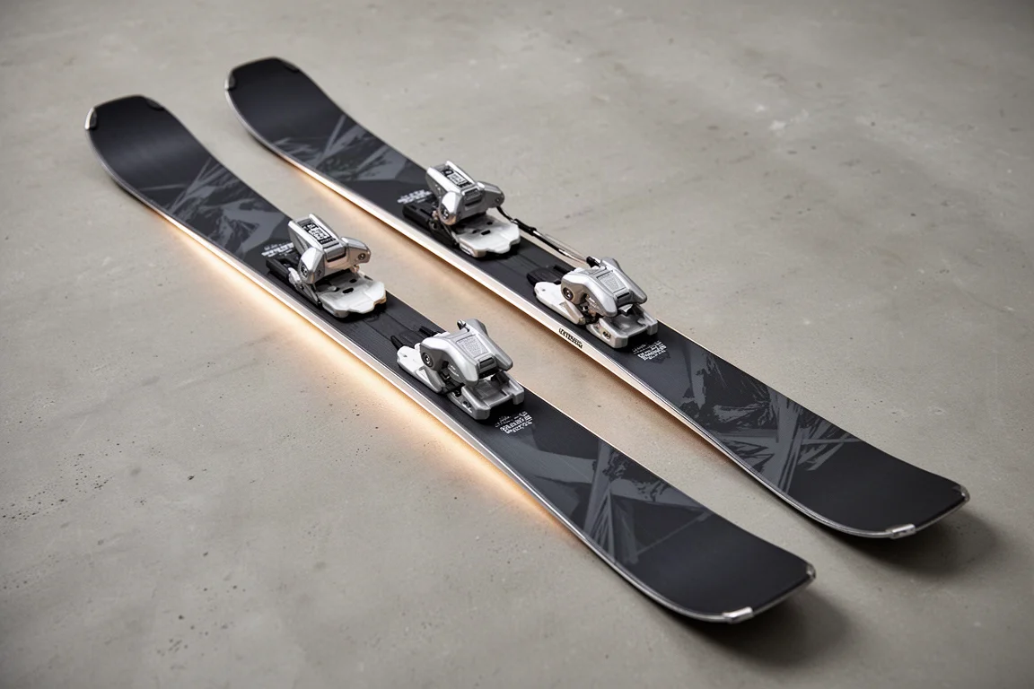 Pair of narrow frontside carving skis with metal bindings on a concrete surface