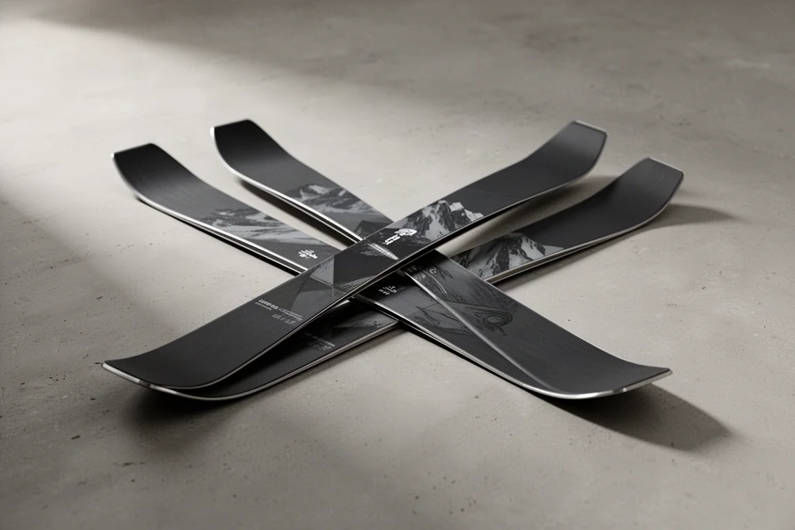 Pair of narrow frontside carving skis on a matte concrete surface