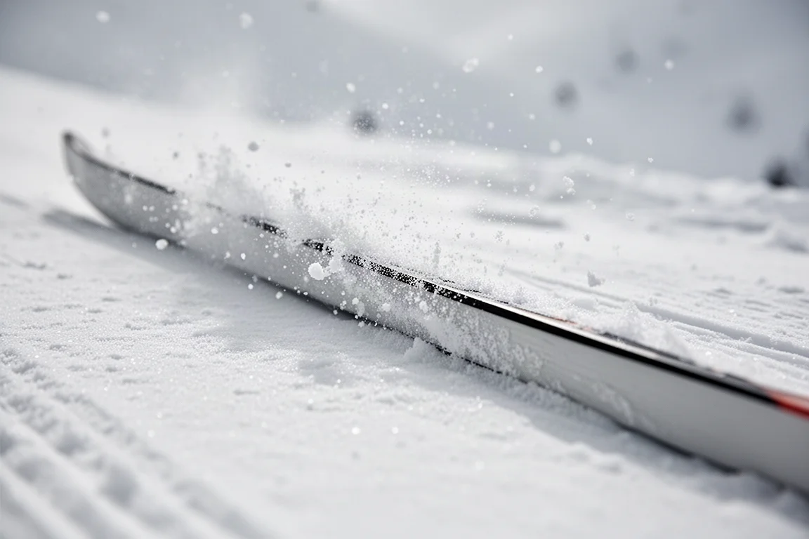 Close-up de uma quina de esqui mordendo a neve dura e preparada com um fino jato de neve