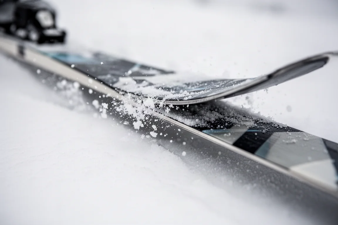Dettaglio del cantuccio di uno sci con laminato in metallo che taglia la neve dura