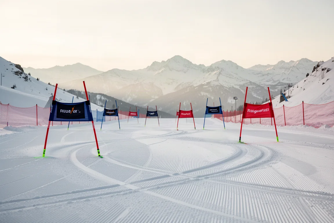 Pista de eslálom preparada con puertas de carrera y luz suave de la mañana