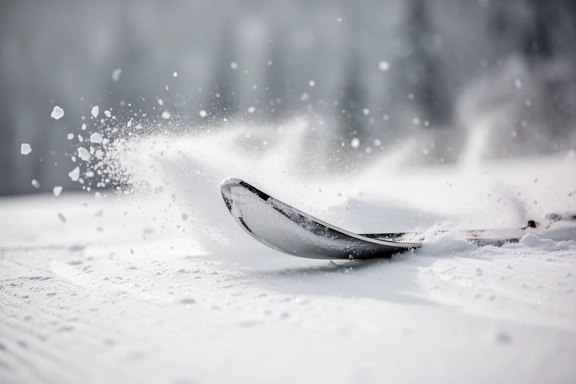 Primer plano de un esquiador tallando con fuerza, con el filo mordiendo la nieve firme
