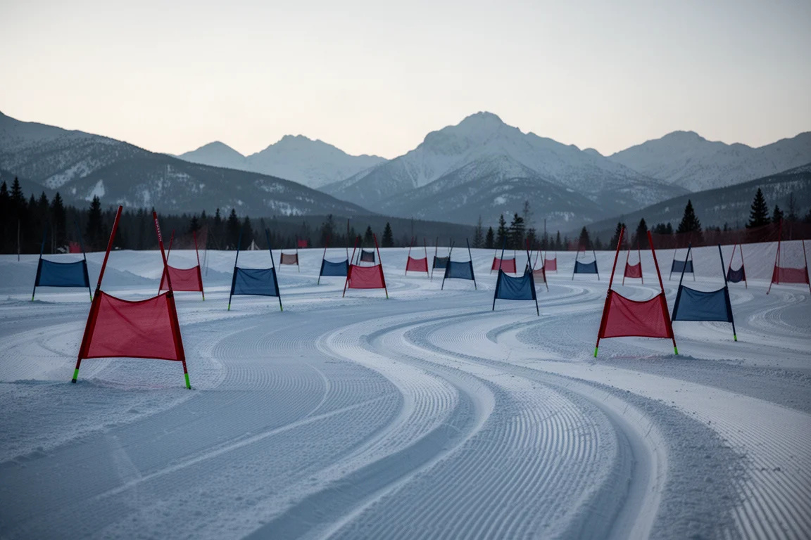 Pista de eslálom al atardecer con líneas de giros tallados en la pista