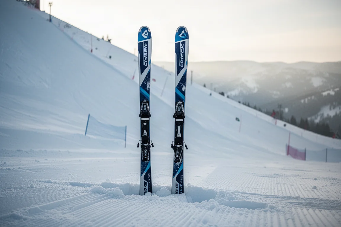 Pair of narrow slalom race skis standing on packed snow beside a groomed piste