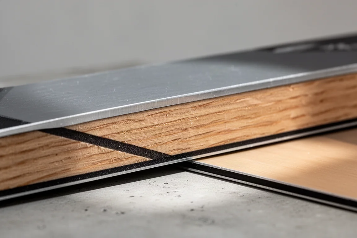Close-up of a ski sidewall showing metal laminate and wood core layers