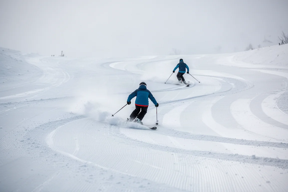 Skier carving tight short radius turns on a groomed slope leaving clean tracks