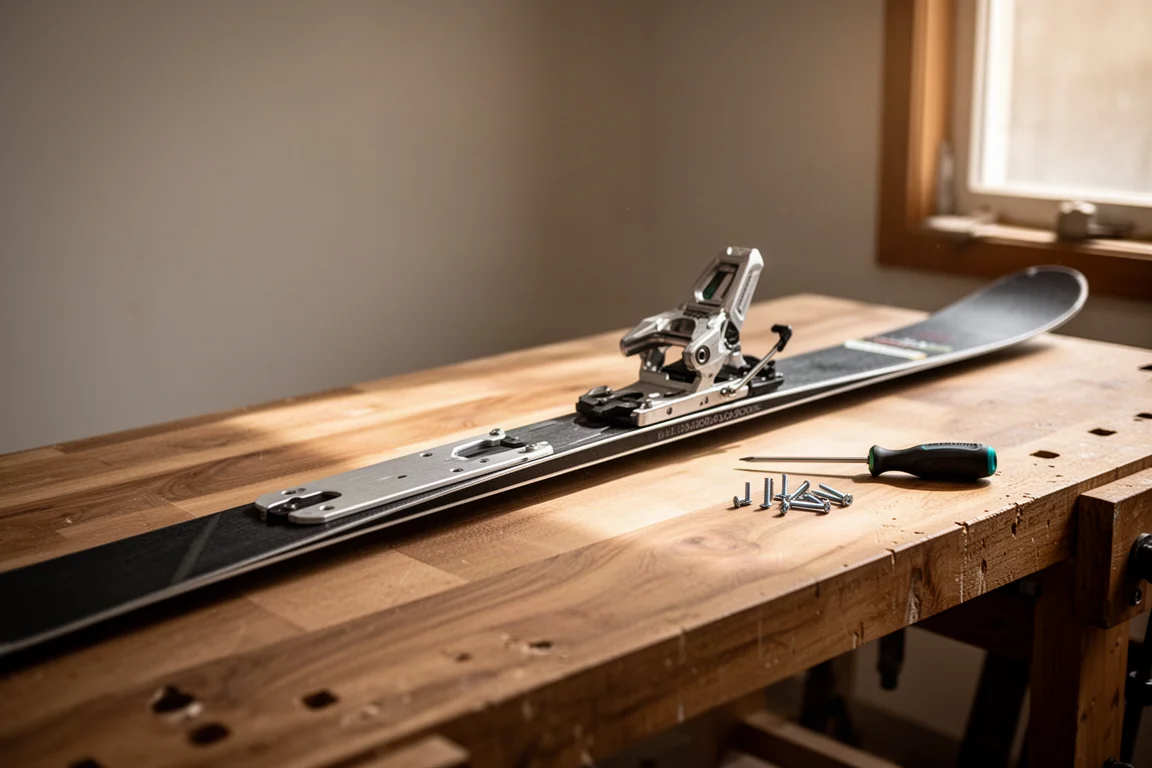 Ski mounted on a race plate and binding resting on a workbench