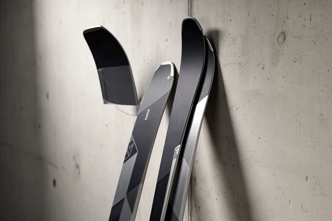 Pair of narrow slalom race skis leaning upright against a concrete wall