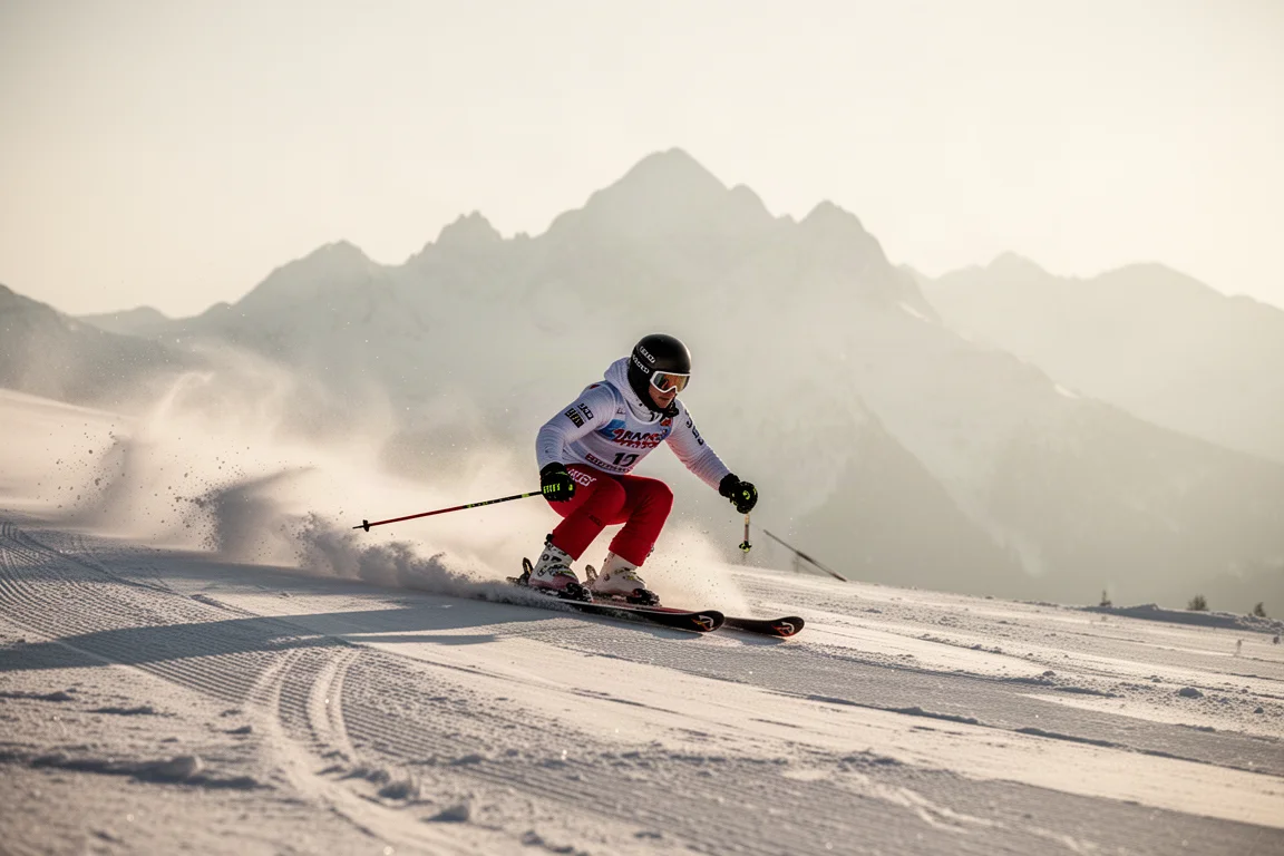 Skifahrer in aggressiver Tiefer Position bei einem Carving-Schwung auf präparierter Piste im Morgenlicht