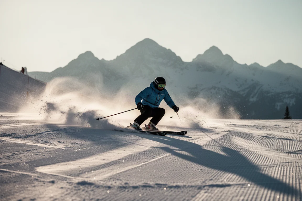 Skifahrer zieht in der Dämmerung eine schnelle Kurve auf präparierter Piste mit Schneestraße