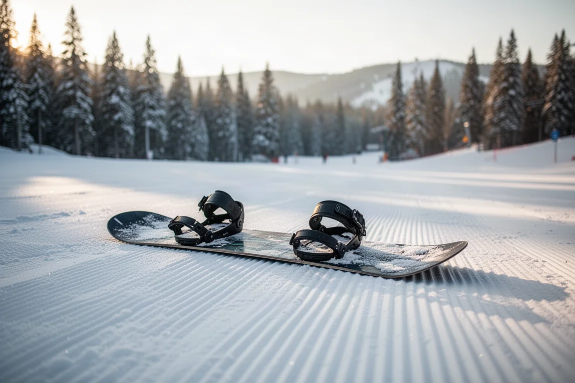 Snowboard auf einer präparierten Piste ruhend, mit weichem Nachmittagslicht auf dem Schnee