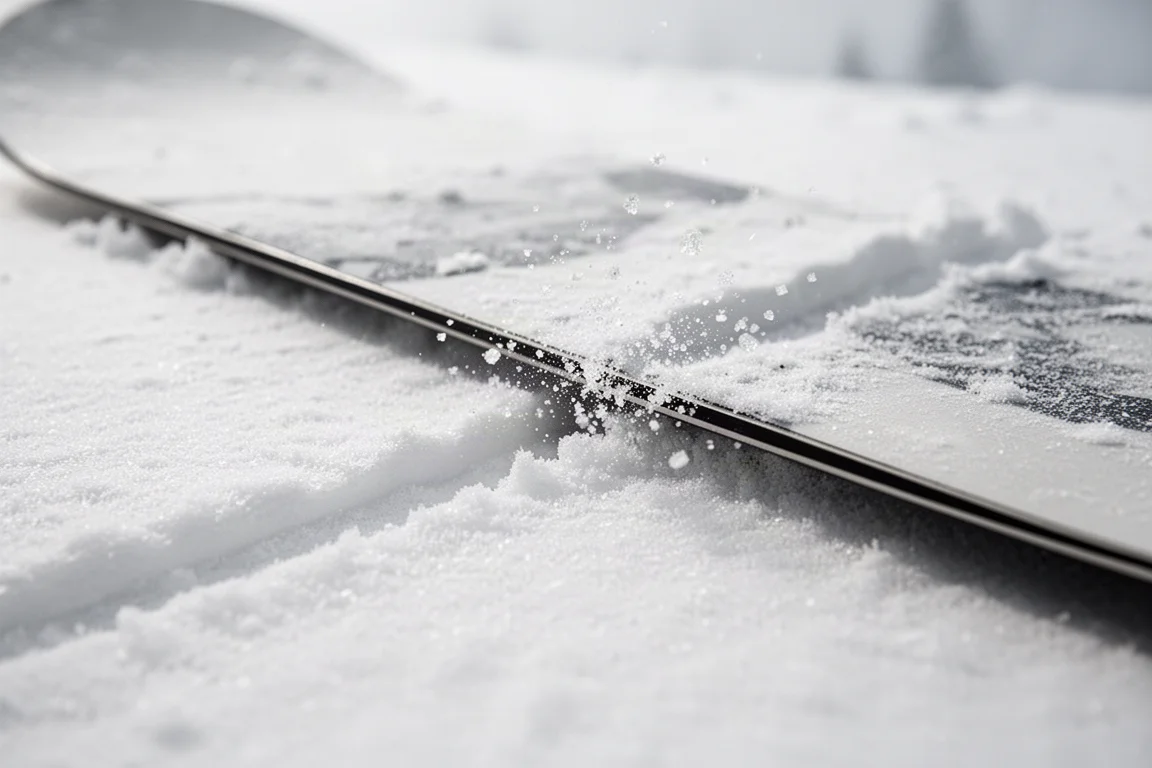 Nahaufnahme einer Snowboard-Kante, die eine saubere Linie in festen Schnee schneidet