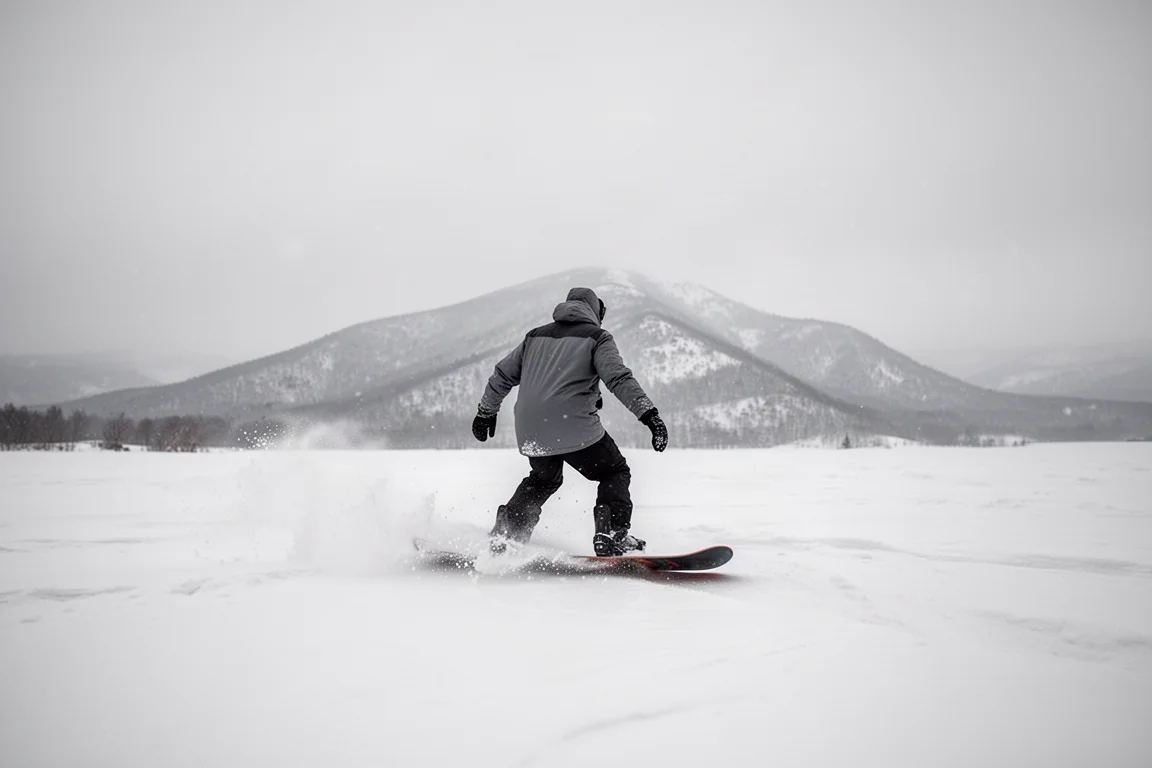 Snowboarder fährt switch über ein offenes Schneefeld im flachen Winterlicht