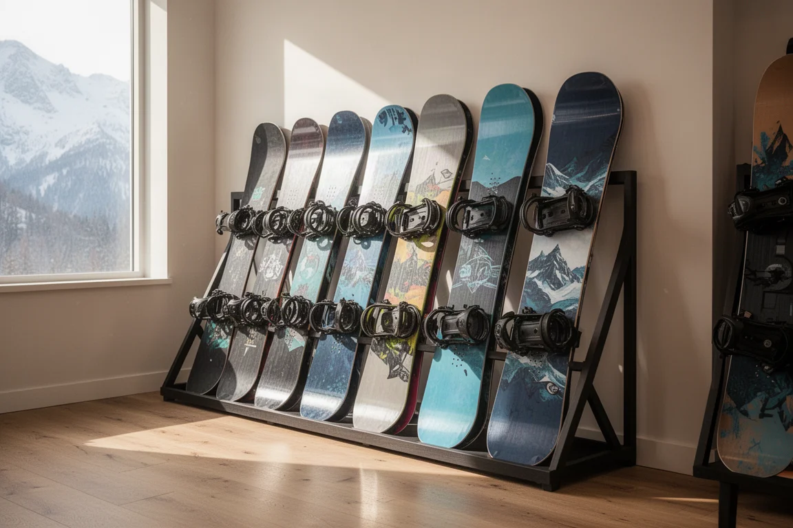 Snowboards in einer hellen Bergverleihstation auf einem Rack aufgereiht
