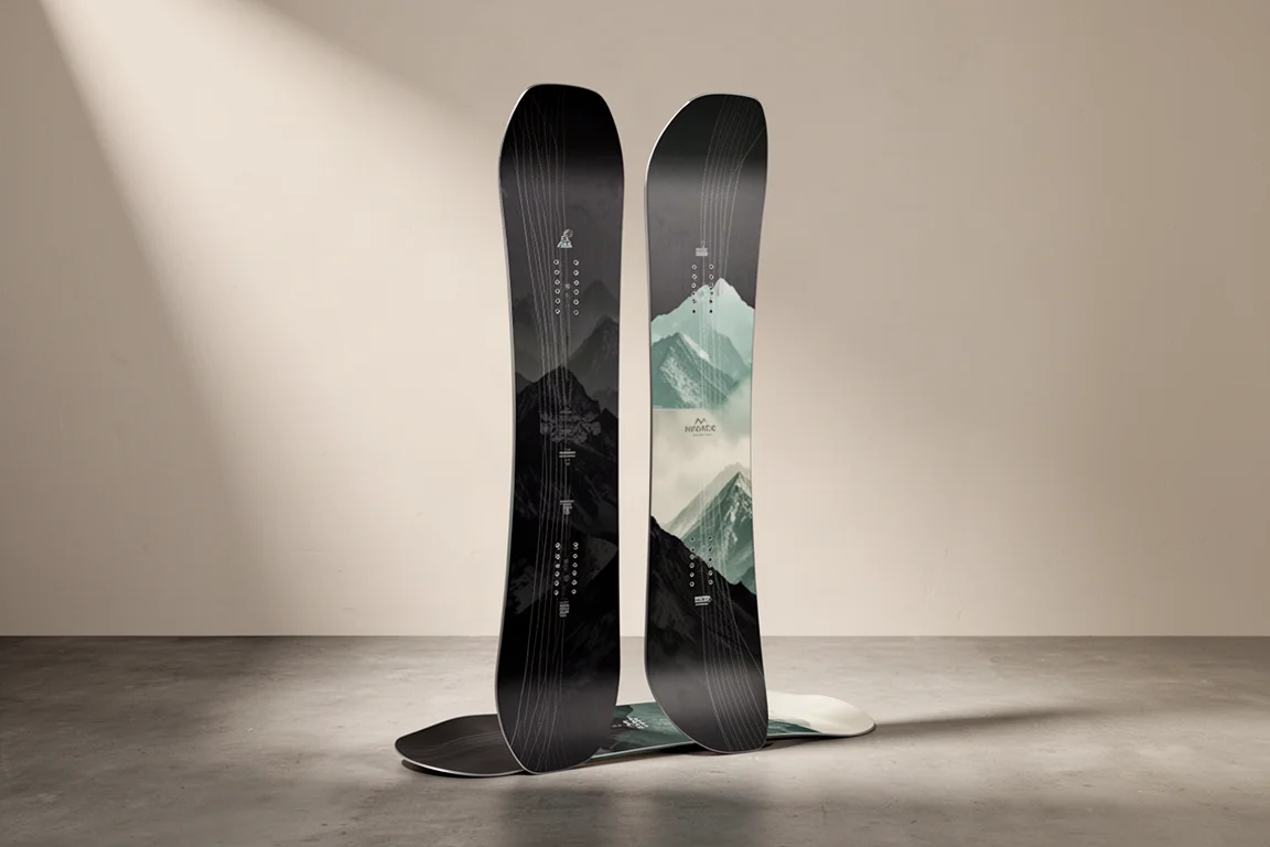 True-Twin-Snowboard aufrecht auf einem Betonboden stehend, mit sichtbaren Carbon-Stringer-Linien