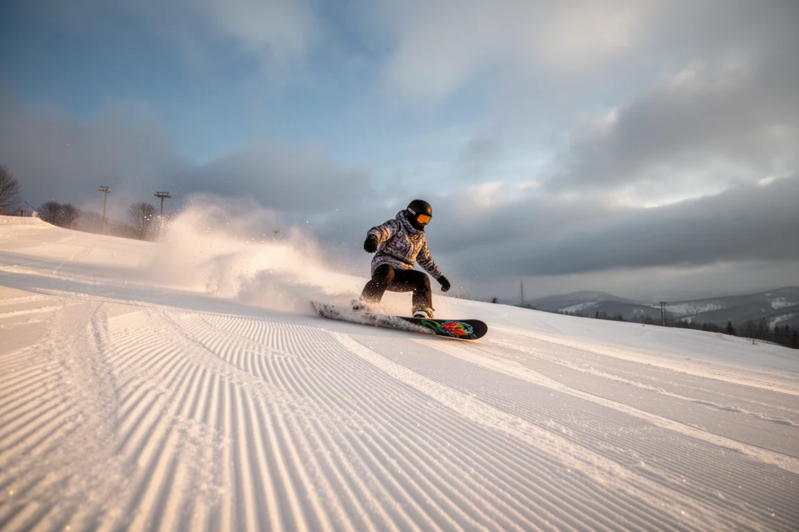 Snowboarder zjeżdżający po przygotowanych, struganych stokach wiosennego dnia