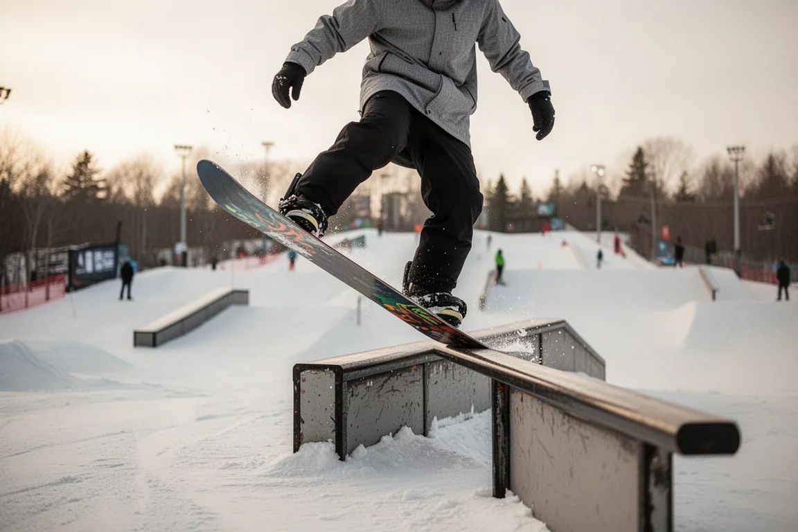 Snowboarder robiący press na railu w terrain parku