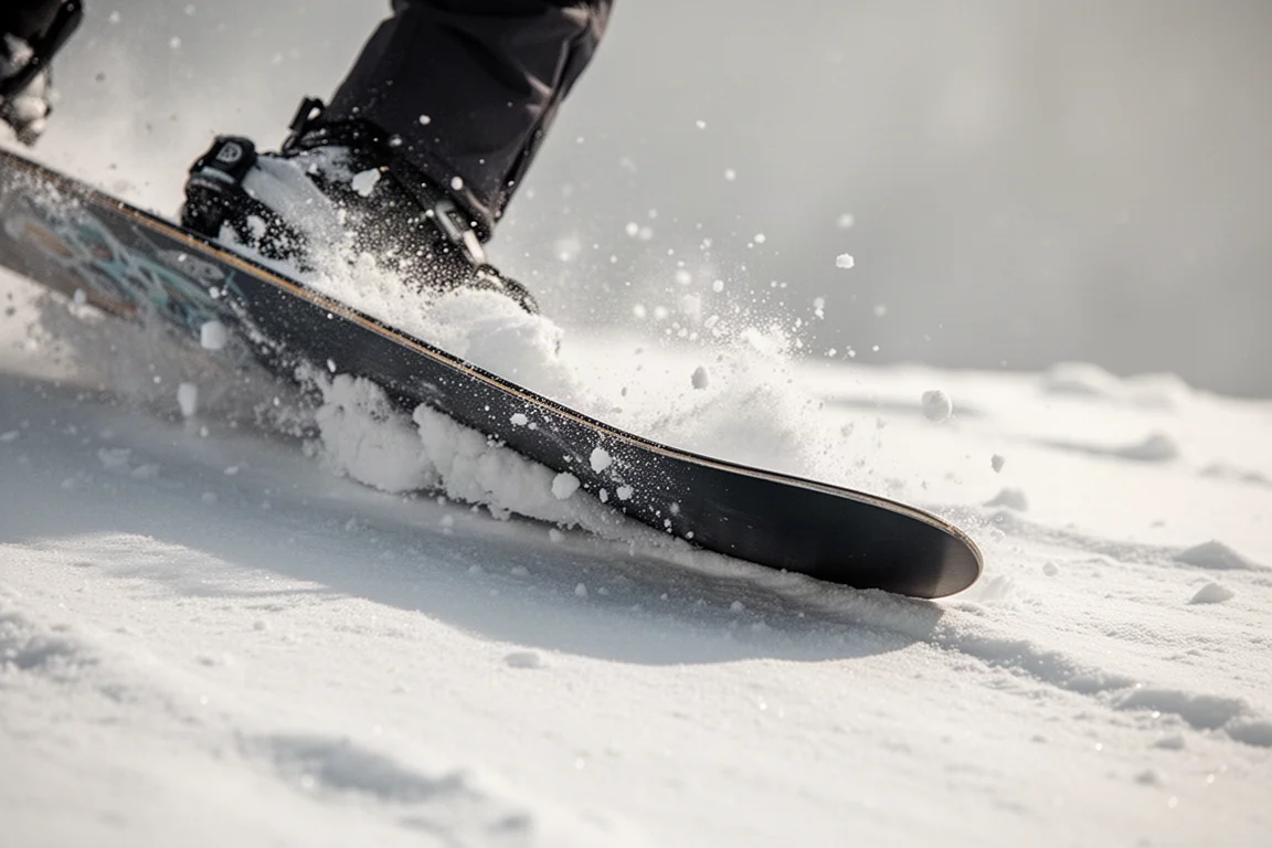 Zbliżenie na krawędź snowboardu wbijającą się w twardy śnieg