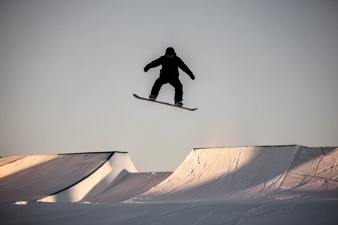 Snowboarder wybijający się z małego jumpa w parku na tle czystego nieba